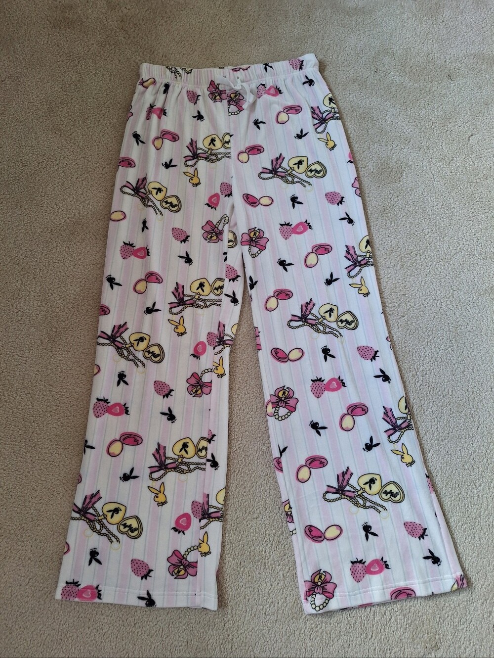 PLAYBOY Pink Stripe Plush Logo Pajama Bottoms Medium